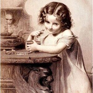 1859 Victorian Girl Eats Jelly Gothic Mantle Steel Engraving Art DWY5D